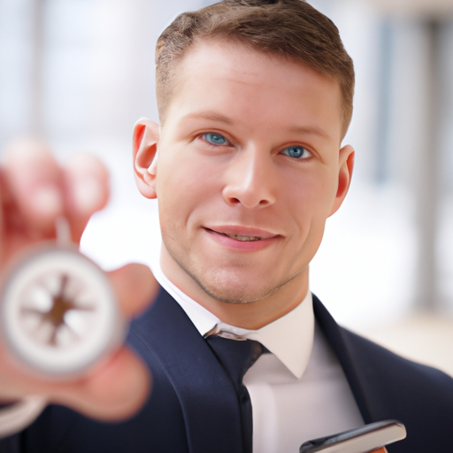 A real estate broker holds a compass, symbolizing his ability to navigate complex negotiations with ease.