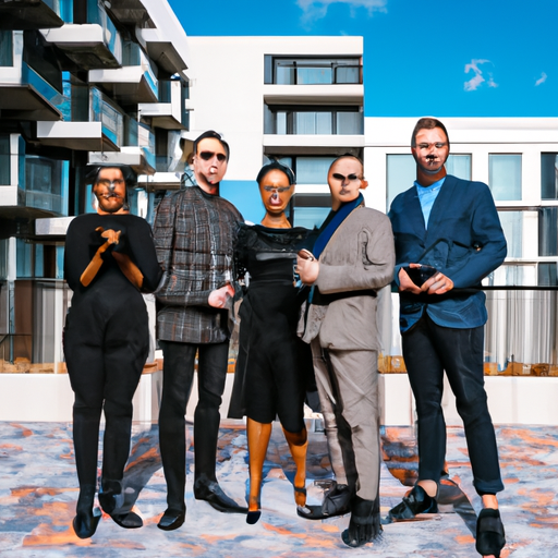 A group of diverse social media influencers stand in front of a modern luxury property, demonstrating the power of social media in real estate.
