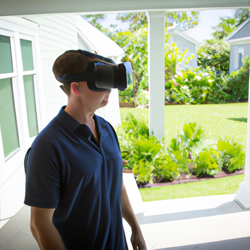 A person in a VR headset virtually explores a luxurious modern home with a picturesque backyard.