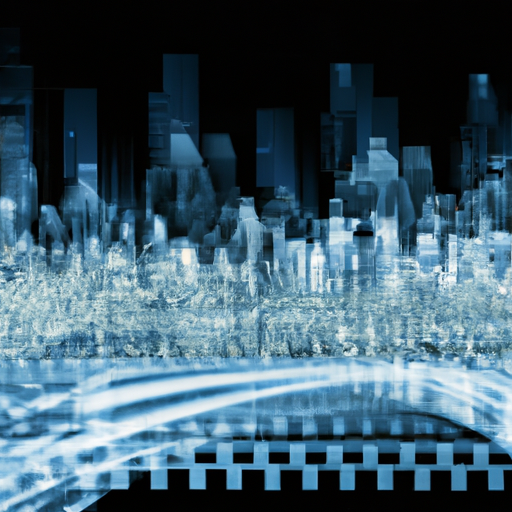 A futuristic city skyline with data streams flowing between buildings, representing the integration of big data analytics and real estate marketing.