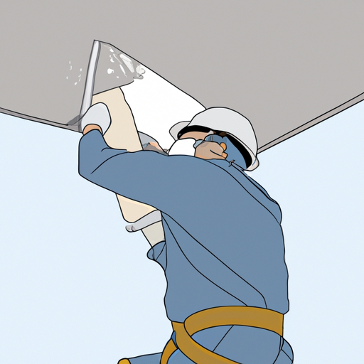 Image of professional contractor in protective gear removing ceiling with popcorn.