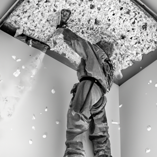 Image of a man in a hazmat suit scraping popcorn texture from the ceiling.