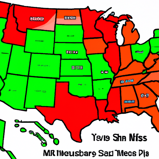 A map of the United States with different colored states showing different closing times, with states that close quickly in green and states that close longer in red.