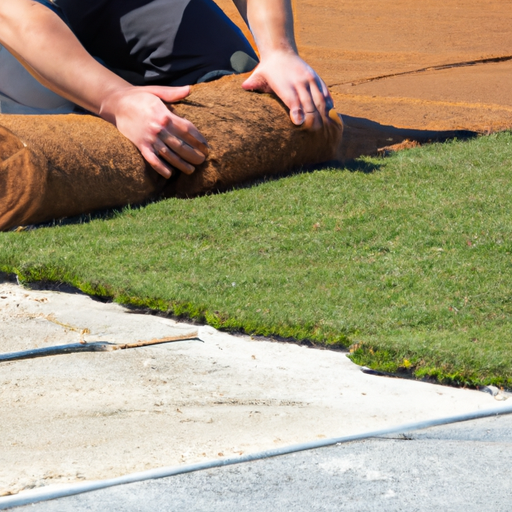 A professional gardener arranges a synthetic lawn.