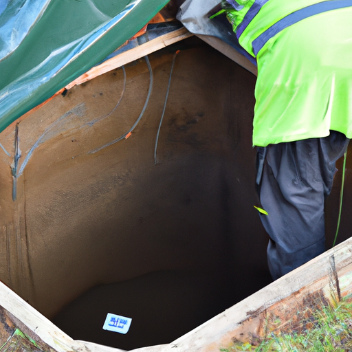 Image of septic tank pumping with inspector measuring scale and sludge levels.
