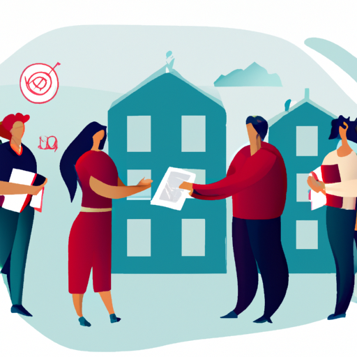 A group of people have a lively discussion, exchange documents and shake hands, symbolizing effective communication and cooperation in a real estate deal.