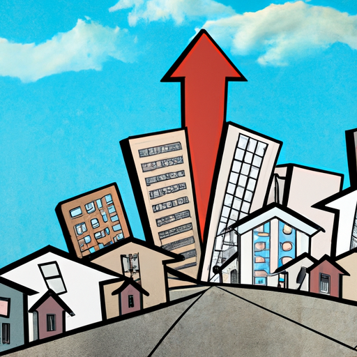 A panoramic view of a diverse real estate portfolio showing residential, commercial and industrial properties with arrows pointing upwards representing potential growth and income.