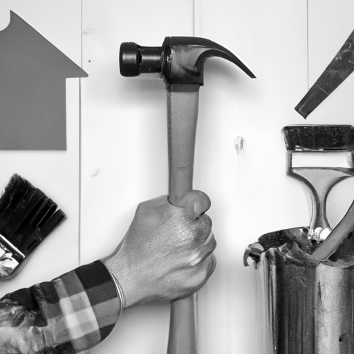 A homeowner holds a hammer and paintbrush surrounded by various home improvement tools and materials, symbolizing the hidden costs of repairs and remodeling when selling a home.