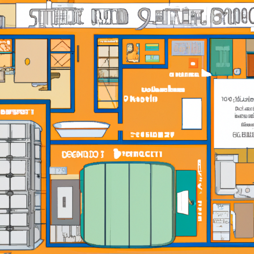 Colorful small house plan with strategically placed storage items.