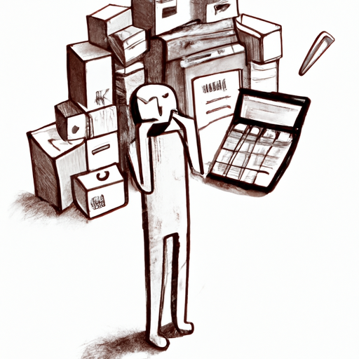A man standing in front of a mountain of moving boxes holds a calculator and looks stunned.