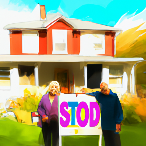 Image of an elderly couple holding a for sale sign in front of a smaller, more manageable home with a rental property in the background.