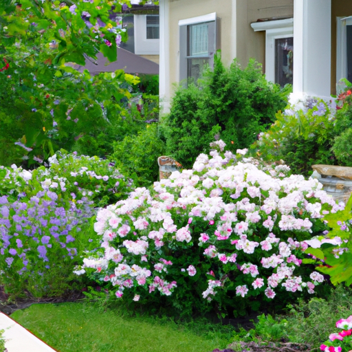 A beautifully landscaped front yard with vibrant flowers and manicured shrubs complements the freshly painted neutral home.