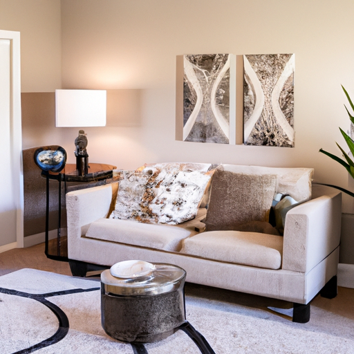 A beautifully designed living room with neutral colors, minimal decor and lots of natural light.