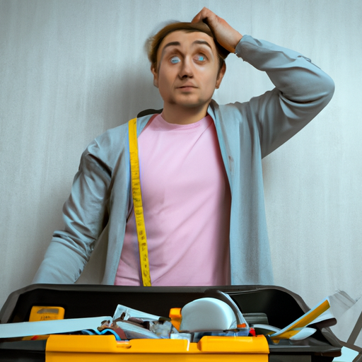 A homeowner holds a tool box, surrounded by scattered tools and a tangled measuring tape, looking dazed and confused.