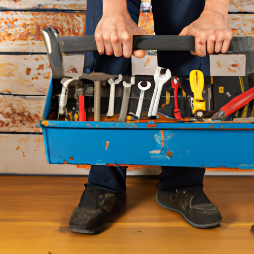 A man holds a box with various tools and materials scattered around, symbolizing the importance of using the right tools and materials in DIY home improvement.