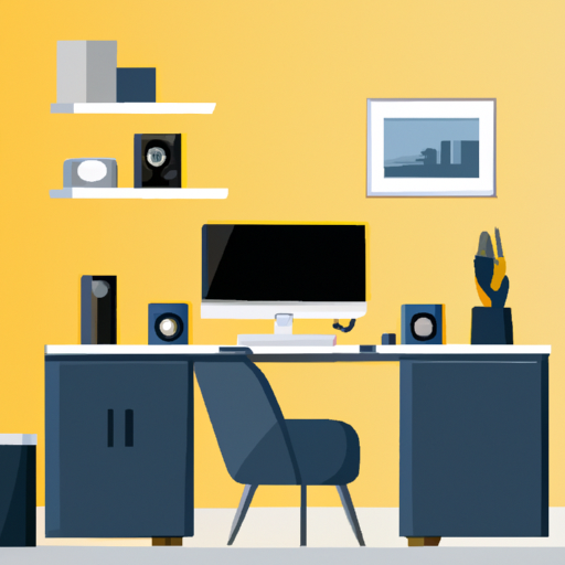 A cozy home office with modern ergonomic furniture and high-tech gadgets.