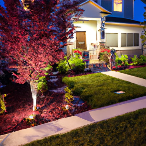 Beautifully manicured yard with freshly painted house and attractive landscaping, illuminated by warm outdoor lighting.