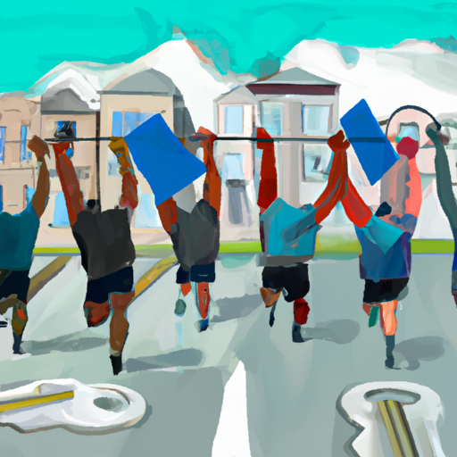 A group of people race toward the finish line, some holding papers and others holding house keys, symbolizing the competitive and fast-paced nature of the housing market in a seller's market.