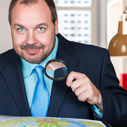 A real estate agent holds a magnifying glass over a map, symbolizing his ability to uncover hidden knowledge of the local market.