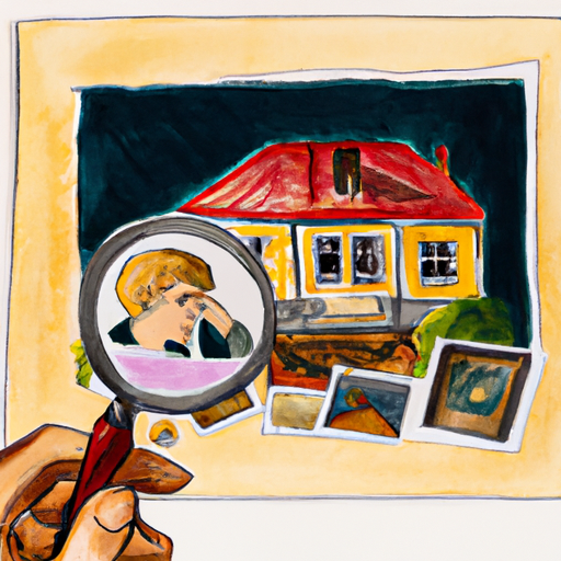 A man looks at a house with a price tag and a magnifying glass, surrounded by images of his dream house.