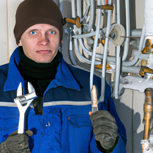 A plumber holds a wrench surrounded by frozen pipes and a thermometer.