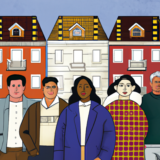 A diverse group of people from different cultures and backgrounds stand in front of different types of houses, symbolizing social and cultural influences on home buying decisions.