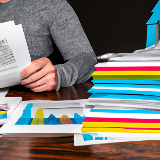 Surrounded by piles of papers, charts and graphs, a person analyzes various aspects of the decision to buy a home.