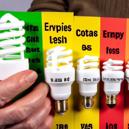 An image of a person comparing different light bulbs, with labels for CFLs, LEDs, and halogens, and a chart showing the lifespan and power consumption of each option.