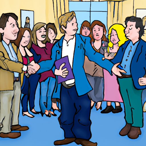 A group of people in a crowded room, one person standing out and confidently shaking hands with a real estate agent.