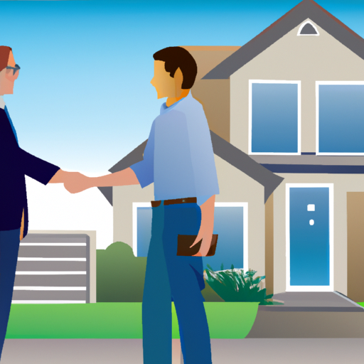 A man shakes hands with a real estate agent in front of a house for sale.