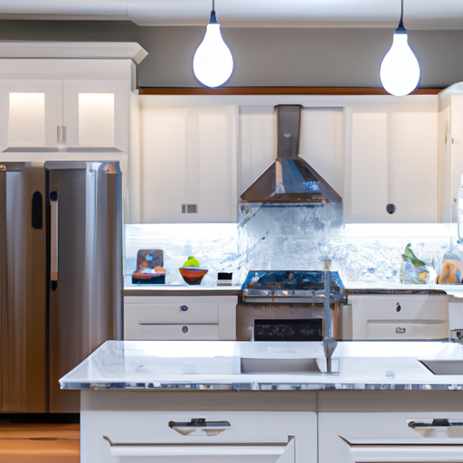 Beautifully renovated kitchen with modern appliances, countertops and cabinets, and freshly painted interior, all illuminated by modern lighting fixtures.