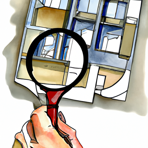 Image of a man holding a magnifying glass and looking at the design of a two-story apartment.