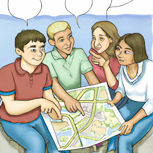 A group of friends are sitting together, discussing and pointing to a map of different neighborhoods and buildings.