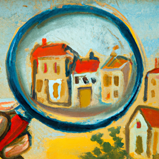 A man holds a magnifying glass over a price tag with various houses in the background.