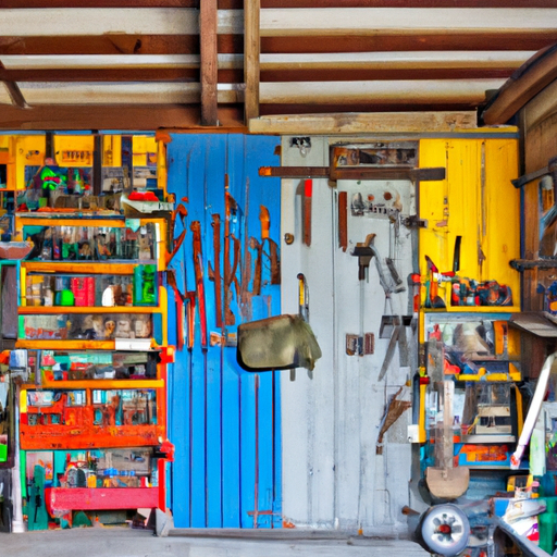 A colorful shed with organized tools.