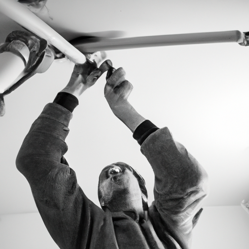 Image of a plumber fixing a leaky pipe in the ceiling of an apartment.