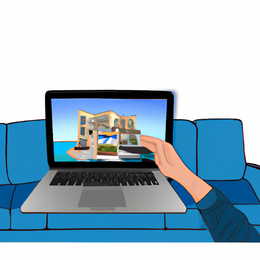 A person is sitting on a sofa with a laptop, and a virtual tour of the apartment is displayed on the screen.