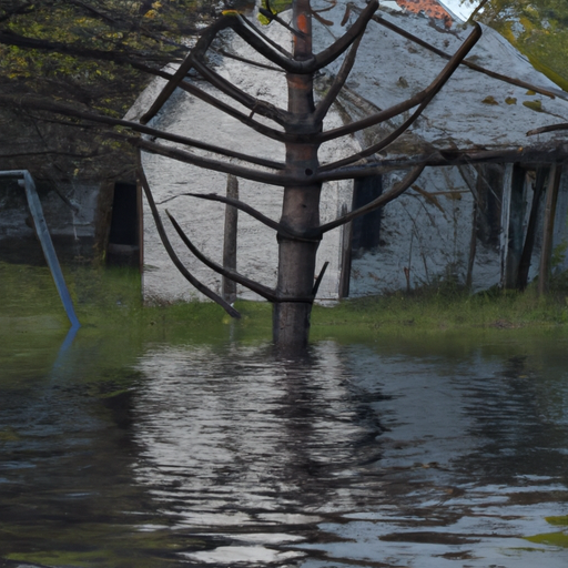 A photo of a destroyed house with a flooded neighborhood and downed trees, symbolizing the effects of the hurricane.
