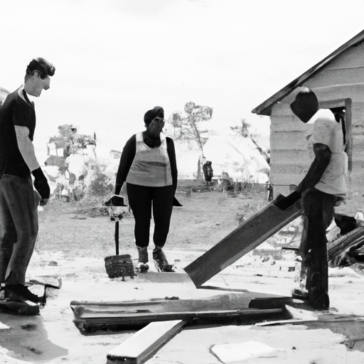 A diverse group of volunteers work together to rebuild a community devastated by the hurricane.