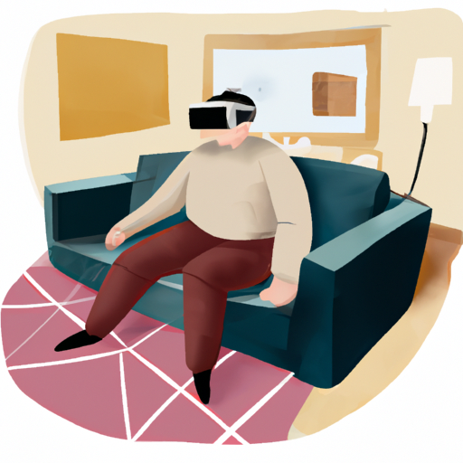 A man sitting on a sofa wearing virtual reality glasses explores a realistic virtual image of an apartment.