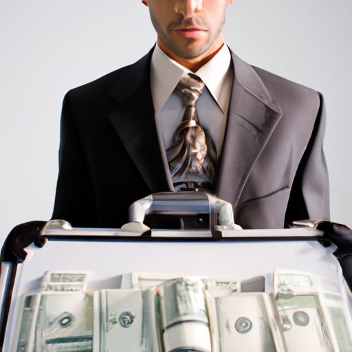 A businessman is holding a briefcase filled with money.