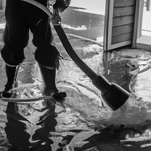 A man in protective gear uses a wet-dry vacuum to remove standing water from a flooded home.