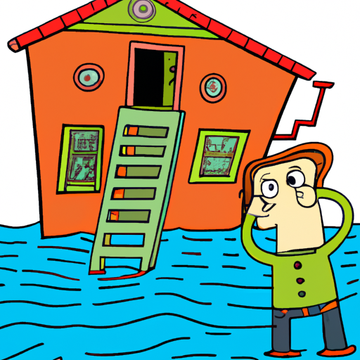A person carefully examines a flooded house.