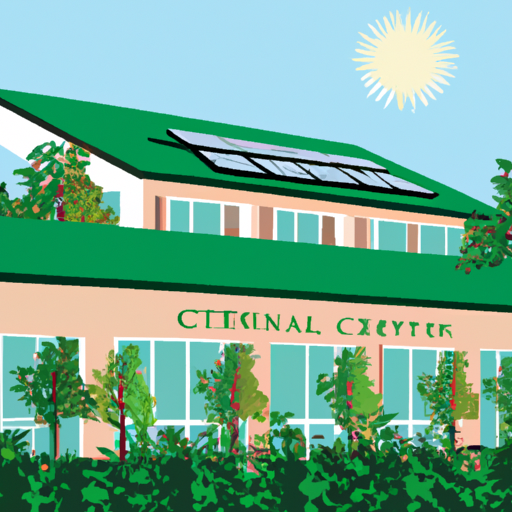 A green building with a LEED certification plaque on the exterior, surrounded by lush vegetation and solar panels on the roof.