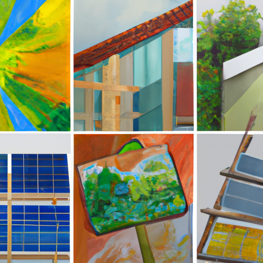 A collage of various sustainable building materials and methods, including solar panels, rainwater harvesting systems and green roofs.