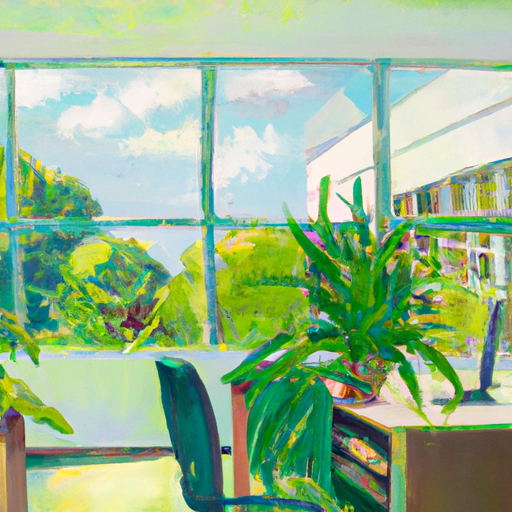 A light and airy office space with large windows overlooking a green garden filled with plants and natural light that promotes a healthy and productive environment.