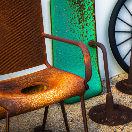 Image of a worn, rusty street chair surrounded by bright, stylish furniture.