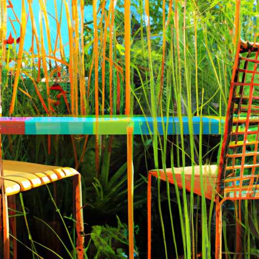 A bright and modern patio set made from recycled plastic and bamboo, surrounded by lush greenery.