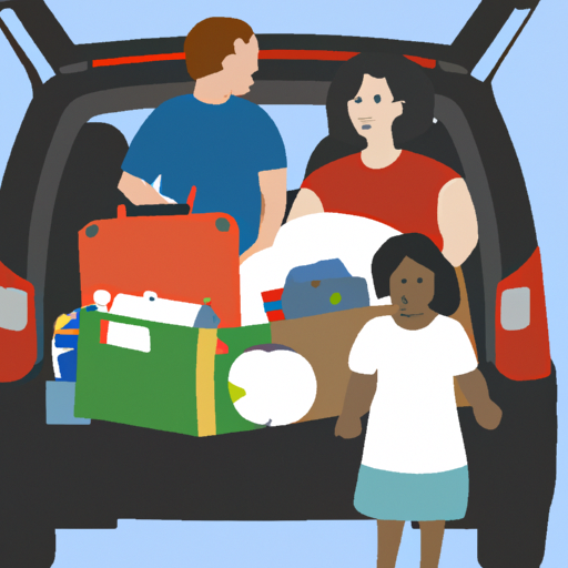 Image of a family gathering emergency items and packing them into a car.