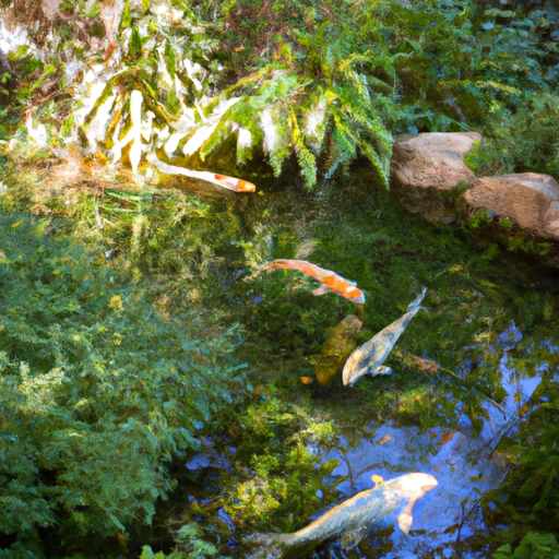 A tranquil backyard koi pond surrounded by lush greenery and colorful koi swimming peacefully.